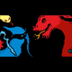 A wizard squares off against a dragon and a goblin, a chimera stands behind the wizard, snake tail at the ready.